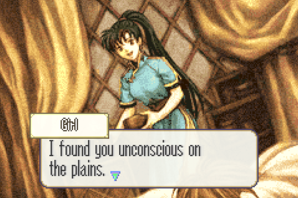 Lyn holding bowl, says "I found you unconscious on the plains."