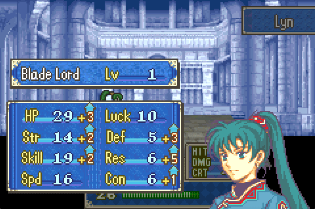 Lyn's promotion screen showing her increased stats. Notably her biggest stat increases are +3 defense and +5 resistance