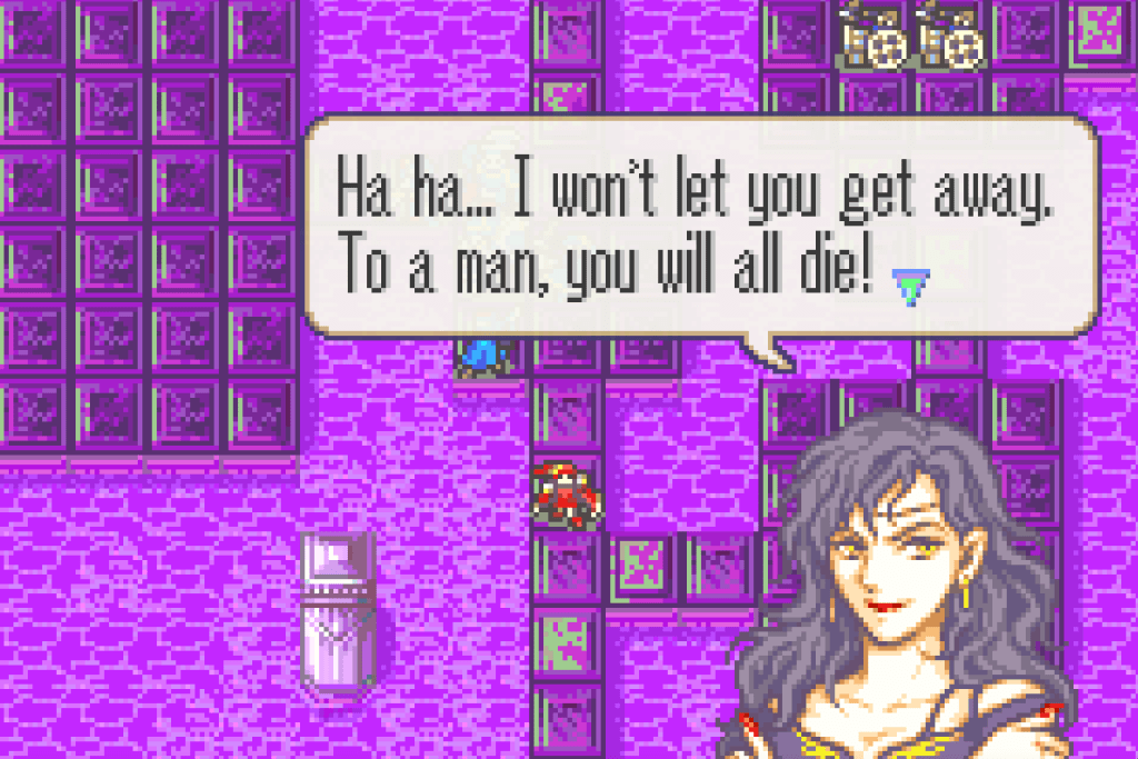 Dark purple tile platforms float over what appears to be purple water. Sonia is seen saying, "Ha ha... I won't let you get away. To a man, you will all die!"