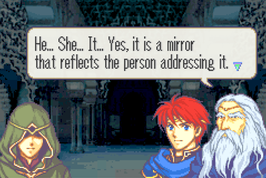 Athos saying "He... She... It... Yes, it is a mirror that reflects the person addressing it."