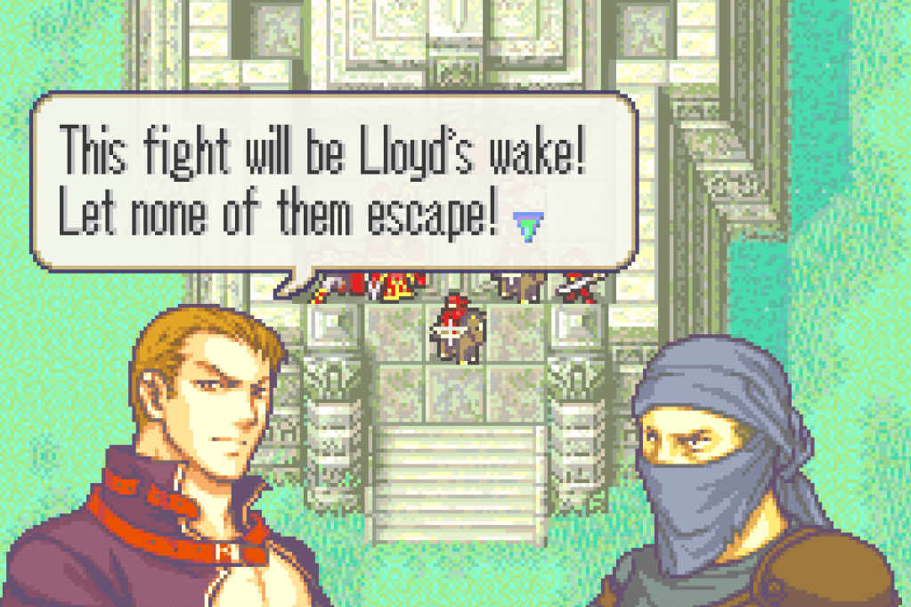 Linus saying to an assassin, "This fight will be Lloyd's wake! Let none of them escape!"
