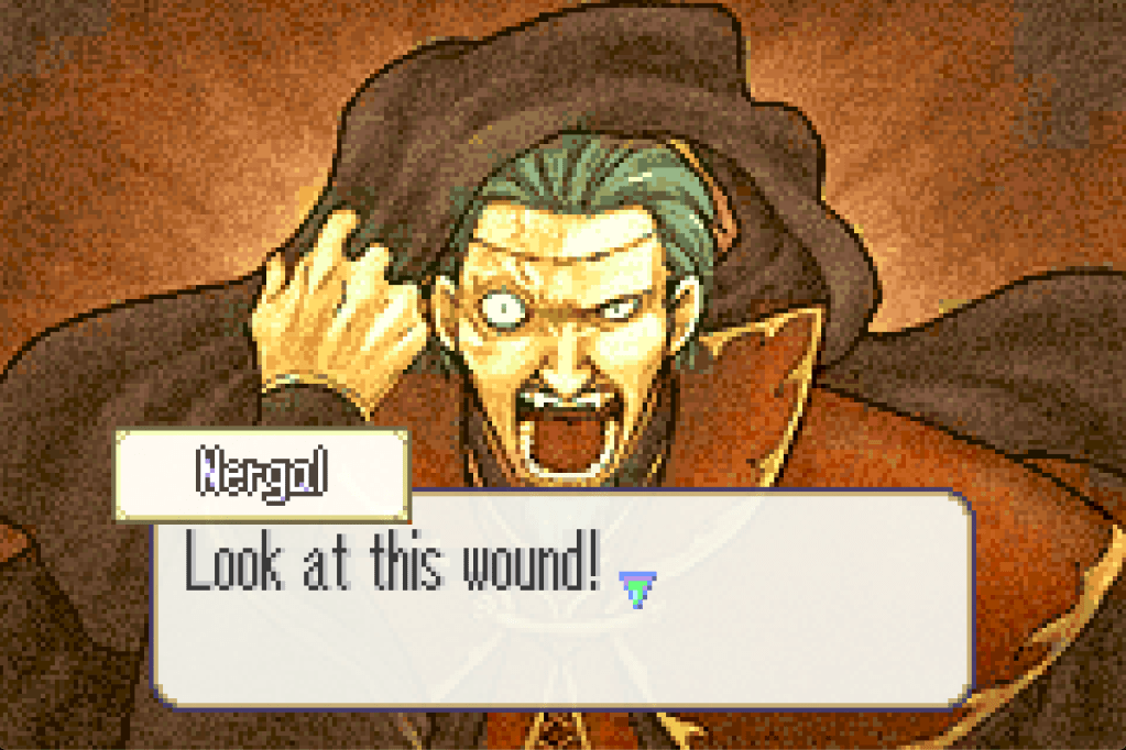 Nergal taking off his sash thing and revealing his forehead scar and saying, "Look at this wound!" 