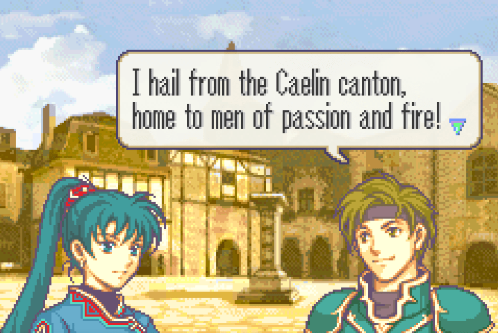 Sain saying to Lyn, "I hail from the Caelin canton, home to men of passion and fire!" 