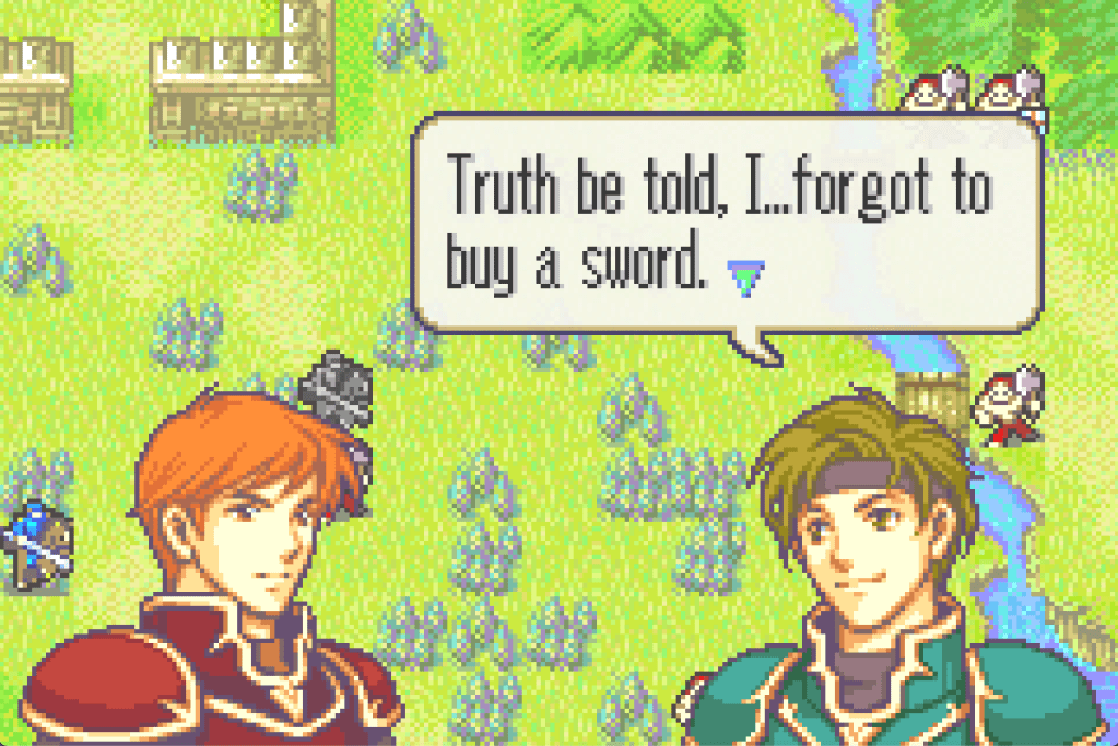 Sain saying, "Truth be told, I... forgot to buy a sword."