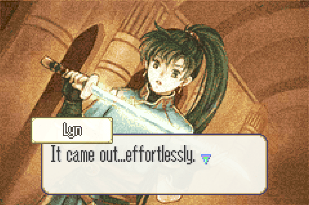 Lyn holding a glowing sword and saying, "It came out... effortlessly."