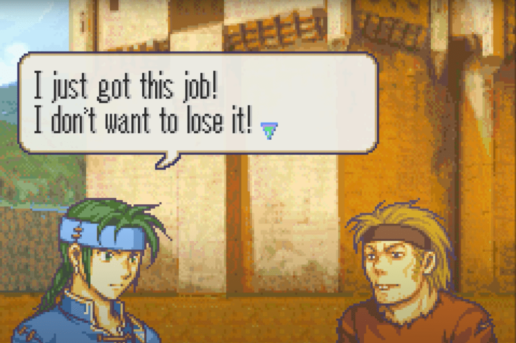 Guy saying to a bandit, "I just got this job! I don't want to lose it!" 