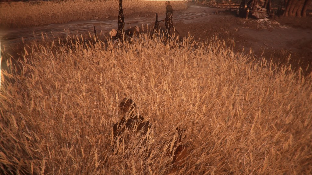 Amicia and Hugo hide in tall grass. A soldier is walking by in the background.