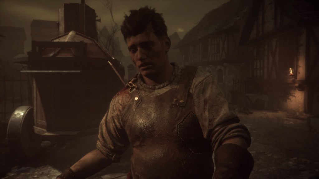 Rodric with an exasperated expression and an arrow sticking out of his shoulder. There's a cart in the background. 