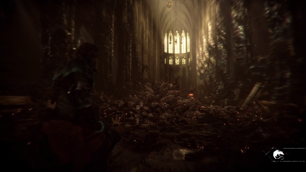 A mix of white and black rats are clustered together. Amicia is standing back with Hugo, who has his hands out to control the black rats.