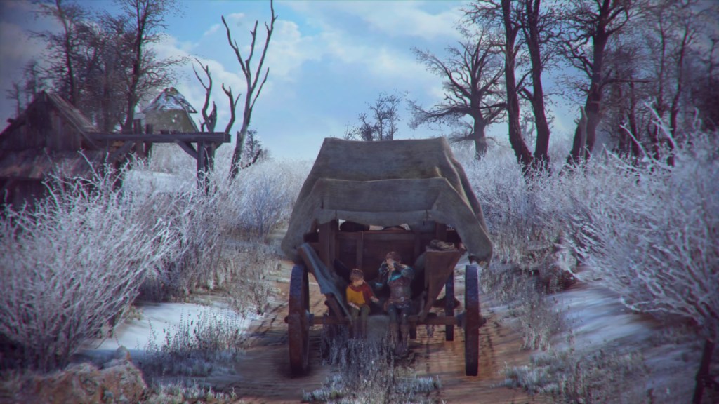 Amicia and Hugo play together in the back of a carriage type thing on a winter's day.