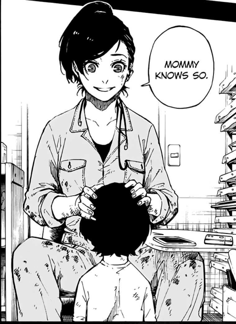 Bachira's mother has her hands on Bachira's head. Her clothes are covered in marks presumably from paint splatter. She has a smile on her face. She says, "Mommy knows so."