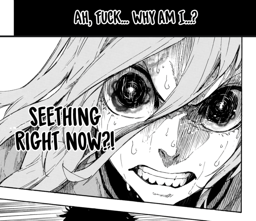 An extremely angry looking Chigiri is thinking, "Ah, fuck... why am I...? Seething right now?!"