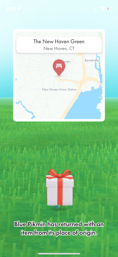 Blue Pikmin has returned from an item from its place of origin. In this case the New Haven Green.