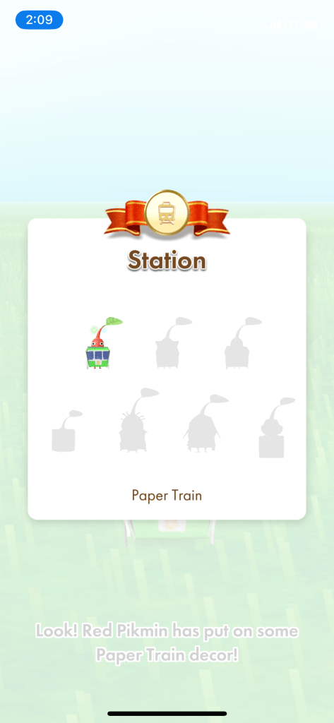 My red pikmin spot is filled in on the paper train decor, but I’ve yet to obtain any other type. As such, the rest remain as gray silhouettes. 