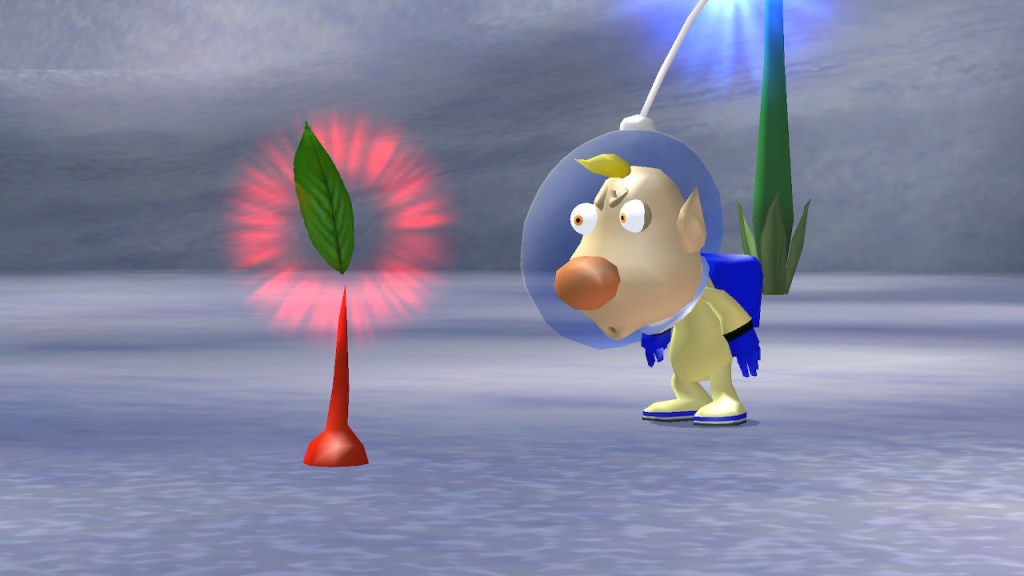 It's a snowy area, Louie looks at an unplucked Pikmin with blging shocked eyes.