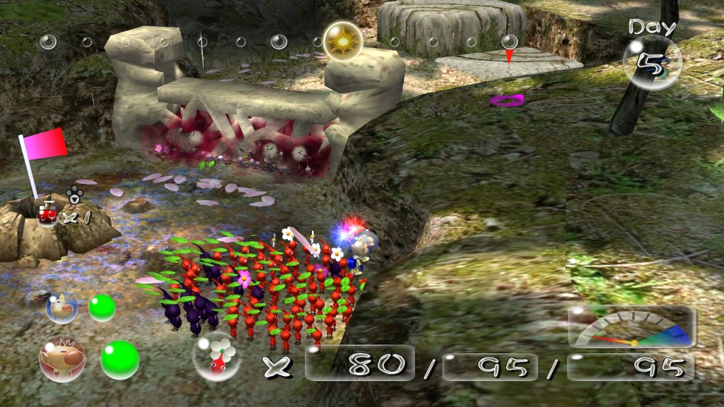 Awakening wood, a grassy area. In this image we see a poison wall the white Pikmin are taking down and the entrance to a cave on the right. The textures haven't aged especially well.