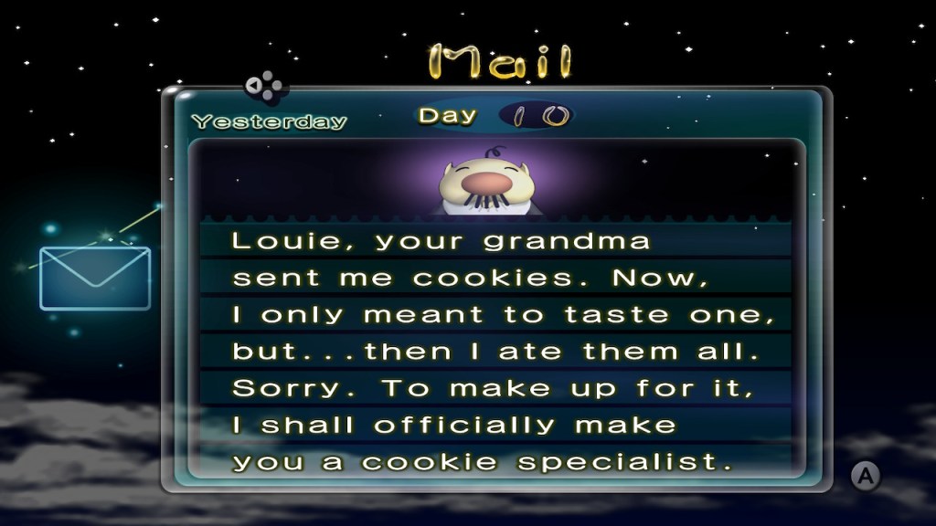 A space email from Boss, which reads, "Louie, your grandma sent me cookies. Now, I only meant to taste one, but... then I ate them all. Sorry. To make up for it, I shall officially make you a cookie specialist.
