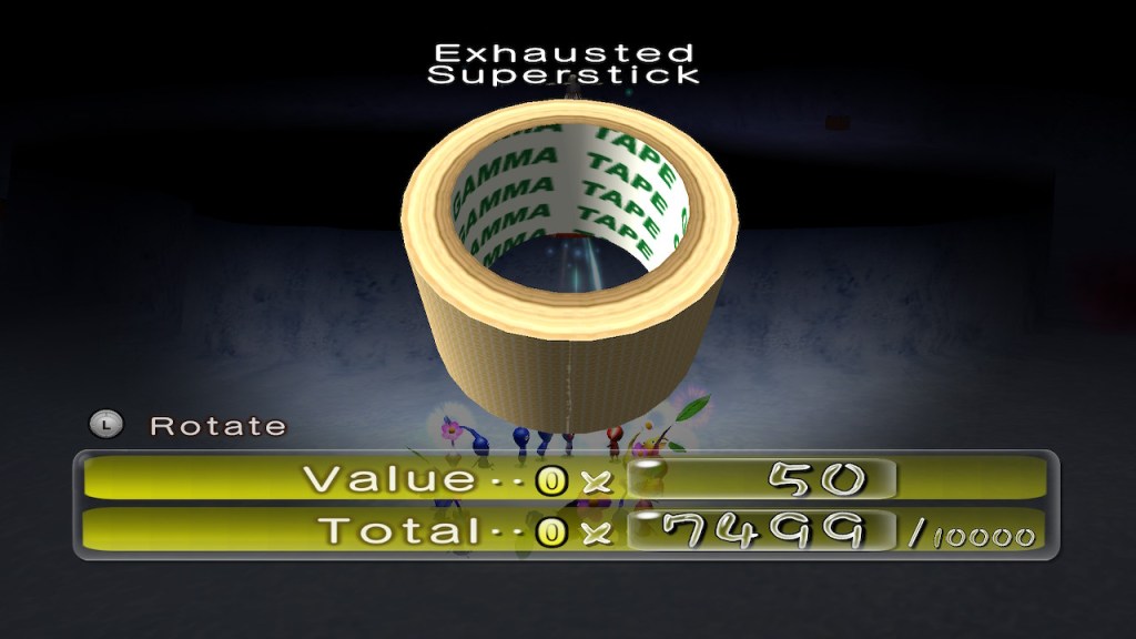It's a roll of tape, titled Exhausted Superstick. This game think it's worth 50 Pikminbucks or whatever they're called, but I have certain other reasons to find it valuable.