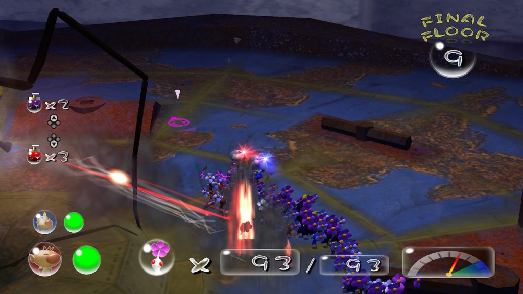 There's a spider mech to the left side that's partially off screen. It rapid fires lasers on the ground, which are currrently dangerously close to my Pikmin.