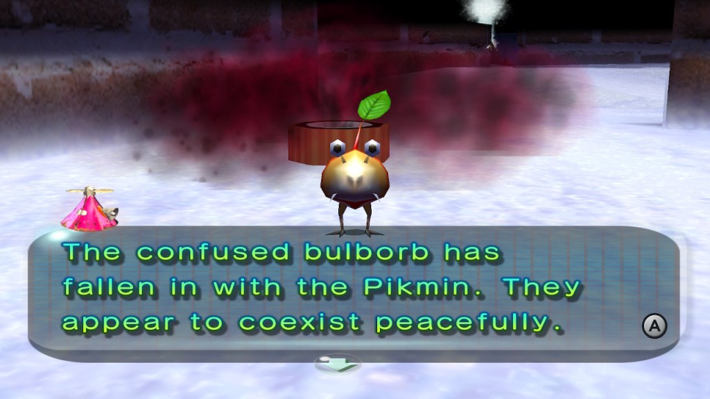 The bulbmin, which looks like a bulborb with a leaf sticking out of its head. Bulborbs look like round red and beige balls with legs, fangs, and big eyes on stalks. The AI says, "The confused bulborb has fallen in with the Pikmin. They appear to coexist peacefully."
