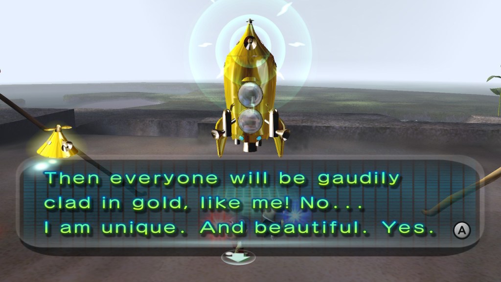 The ship's AI continues, "Then everyone will be gaudily clad in gold, like me! No... I am unique. And beautiful. Yes."