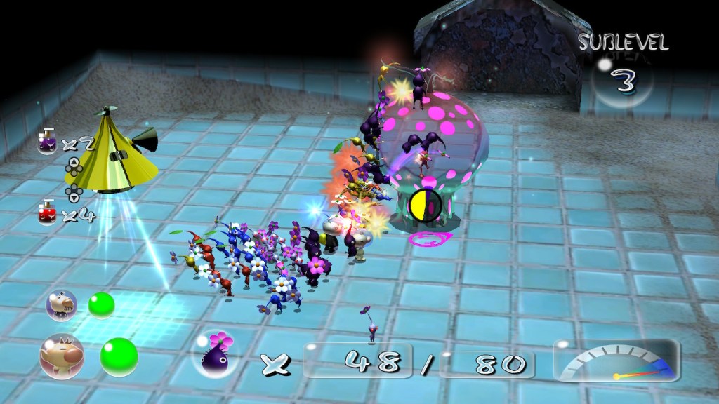 Olimar and Louie are fighting a purple jellyfish thing in sublevel 3 of the Shower Room. The entire area is covered in light blue tiles reminiscent of something you'd see in a public bathroom.