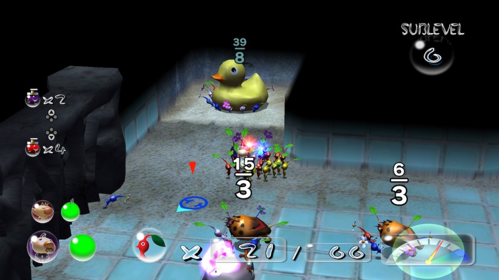 In the shower room a bunch of Pikmin are lifting a rubber ducky. At the scale of this game they appear rather large.