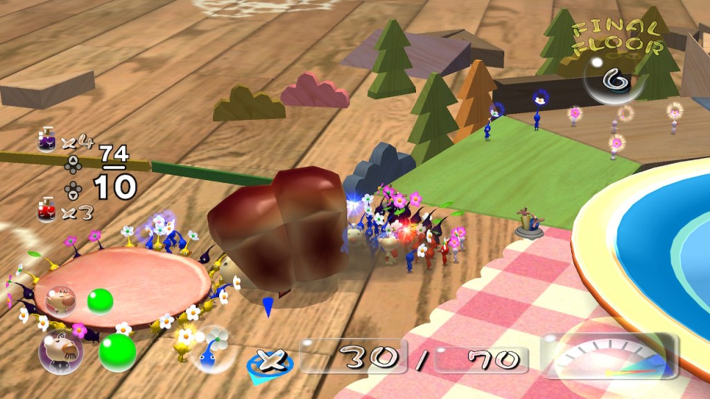 The Pikmin and the large Breadbug 
(which looks like a loaf of bread with a mouth) are in a tug of war over a piece of baloney. Their combined strength total is 74/10.