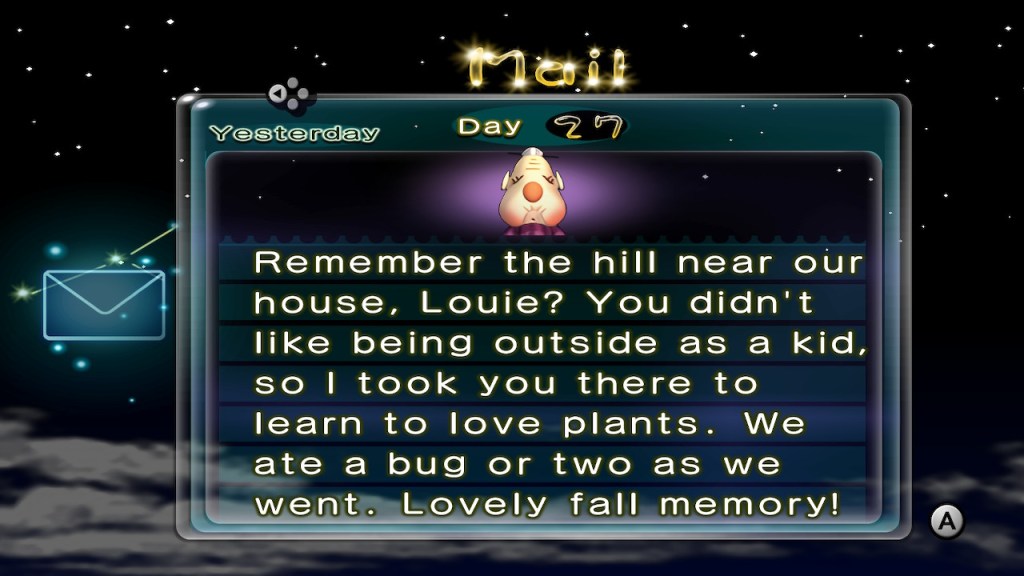 Louie's grandma sends the following space email, "Remember the hill near our house, Louie? You didn't like being outside as a kid, so I took you there to learn to love plants. We ate a bug or two as we went. Lovely fall memory!"