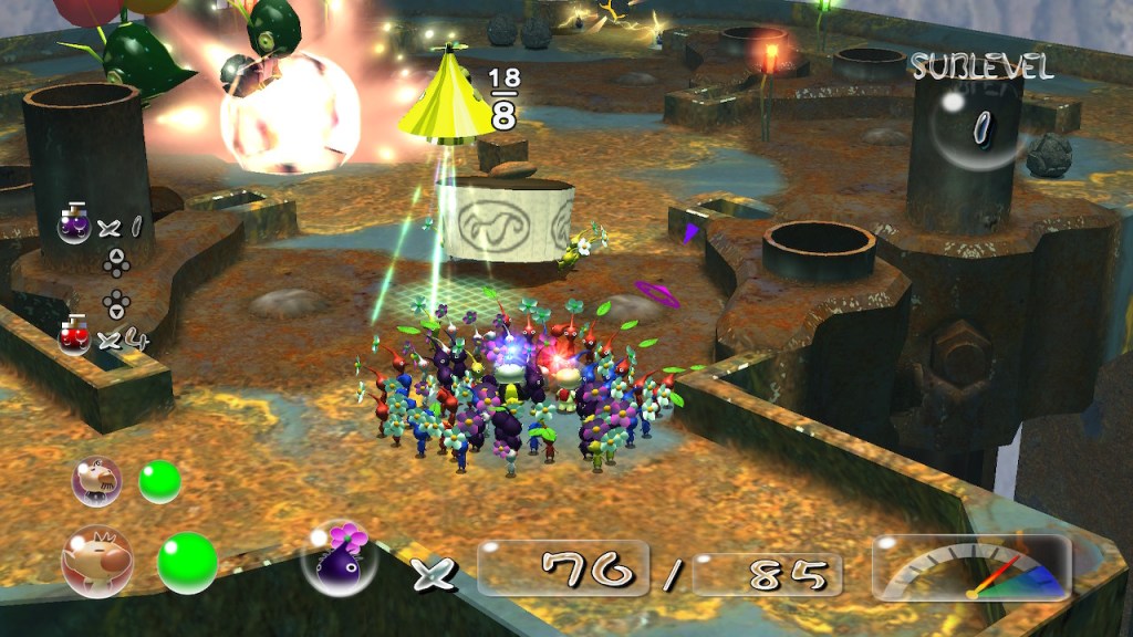 The Pikmin are carrying some... paper wrapped thing that Japanese people would probably recognize better. In the background some weird mechanical bug things wielding bomb rocks float around with balloons. There's an explosion nearby.