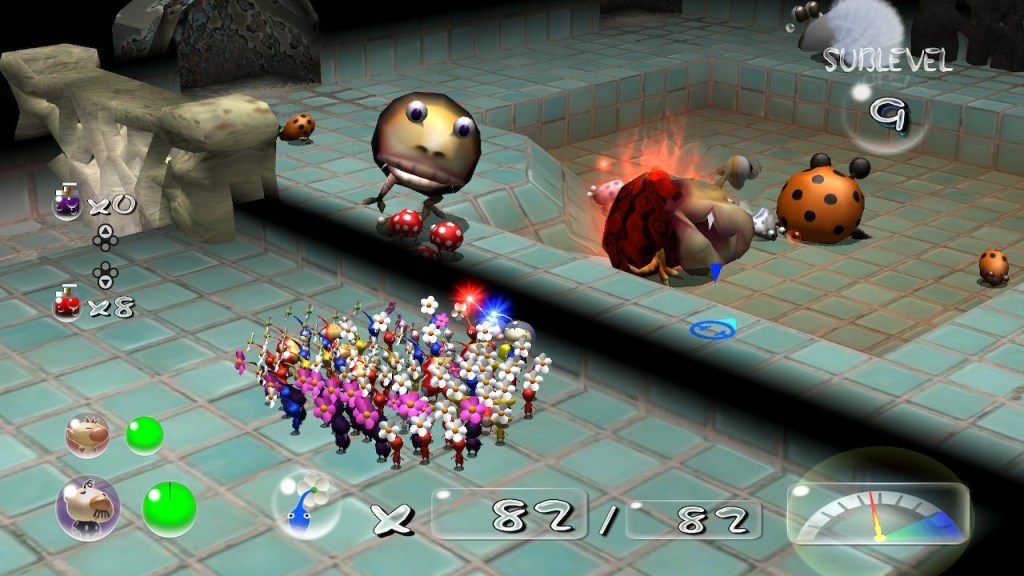 A room with shower tiles full of different types of bulborbs. Most of them are sleeping but there's a bulbear staring our crew down. Fortunately, we're protected from it by a mostly invisible wall.