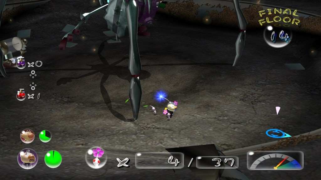 Mid fight of the Titan Dweevil, a large spider-like creature with a metallic exterior. Boss is standing by one of its legs and has a whopping 4 white Pikmin to work with.