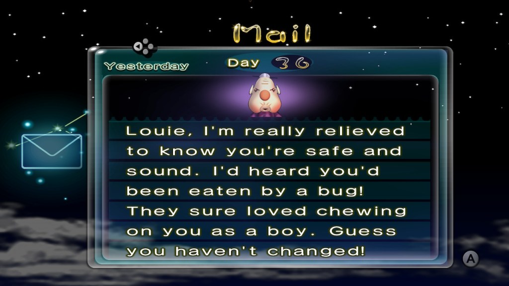 Space email from Louie's grandma. It reads, "Louie, I'm really relieved to know you're safe and sound. I'd heard you'd been eaten by a bug! They sure loved chewing on you as a boy. Guess you haven't changed!"