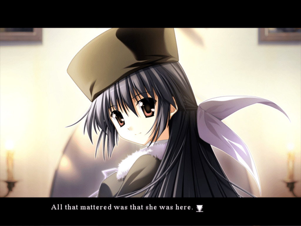 Yuuko Amamiya looks behind her with a gentle smile. She has long bluish black hair, magenta eyes, a black hat that's shaped like a box, and white ribbons pointing out the back of her hair. The protagonist monologues, "All that mattered was that she was here."