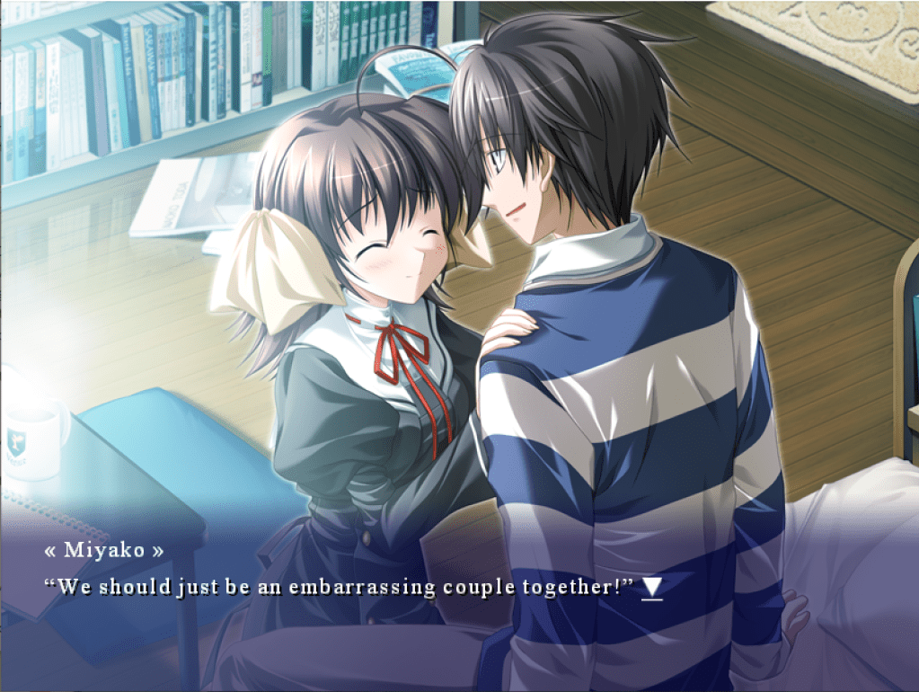 Miyako, a teenage girl with medium length brown hair and yellow ribbons on both sides of her hair. She's smiling with her eyes closed. She has her hands on Hiro's shoulders tenderly. Hiro is sitting on the bed, sporting an ambiguous smile. 