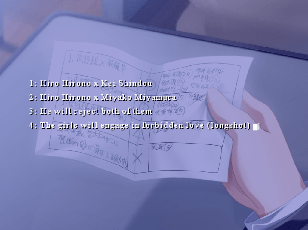 Hiro holds a piece of paper that lists people's predictions for the resolution of Hiro's love triangle and their votes. Option 1: Hiro Hirono x Kei Shindou
Option 2: Hiro Hirono x Miyako Miyamura
Option 3: He will reject both of them
Option 4: The girls will engage in forbidden love (longshot)
