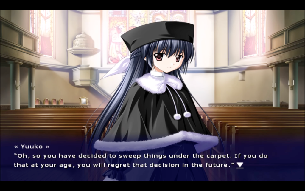 Yuuko Amamiya, a woman with long dark blue hair, clad in a black winter garb. She has a slight smile and is side eyeing the POV character (Hiro in this case). She says, "Oh, so you have decided to sweep things under the carpet. If you do that at your age, you will regret that decision in the future."