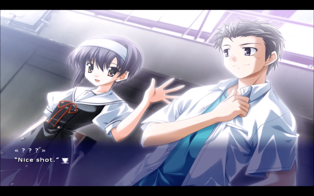 Kei smiles and lifts her left hand with an open palm initiating a high-five. She says, "Nice shot."