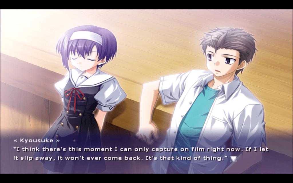 Kyousuke and Kei stand nex to each other while leaning on a wooden platform behind them. Kei looks kind of irritated but Kyousuke's casual. He says, "I think there's this moment I can only capture on film right now. If I let it slip away, it won't ever come back. It's that kind of thing."