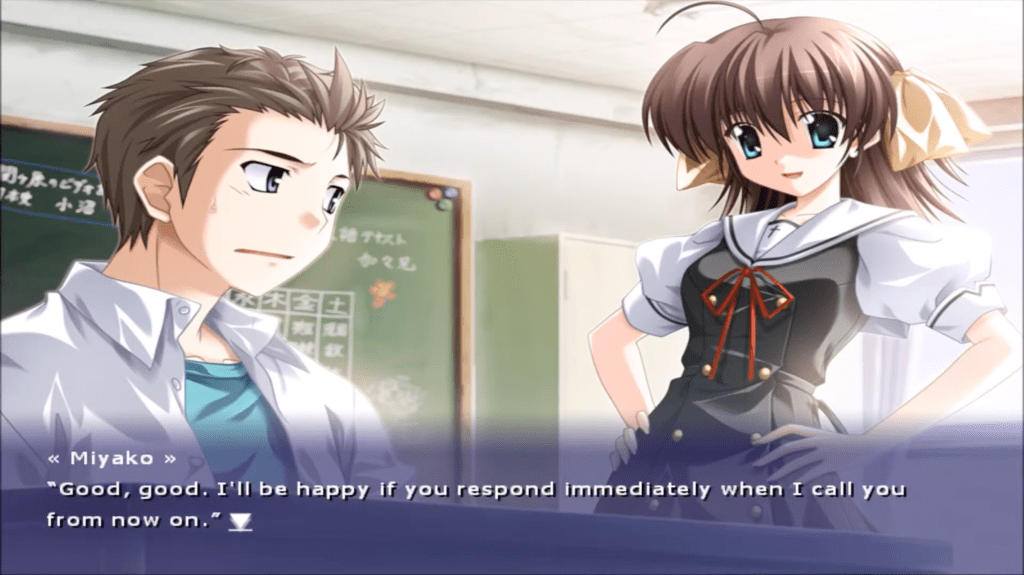 Kyousuke looks distressed, but Miyako's beaming. He's sitting at his desk and she's standing by him. She says, "Good, good. I'll be happy if you respond immediately when I call you from now on."