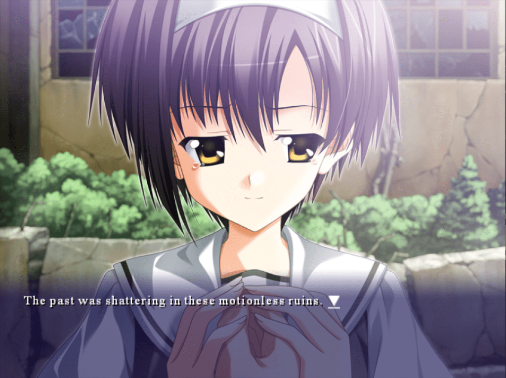 A closeup shot of Kei with a hint of tears in her eyes and a slight smile. She's holding Kyousuke's right hand to her with both of her own. Behind her is cracked slabs of concrete and a building with broken windows. Kyousuke thinks, "The past was shattering in these motionless ruins."