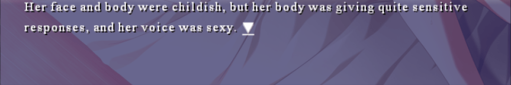 Cropped screenshot where we can only see a bit of a bed and part of Kei's leg. The text reads: Her face and body were childish, but her body was giving quite sensitive responses, and her voice was sexy.