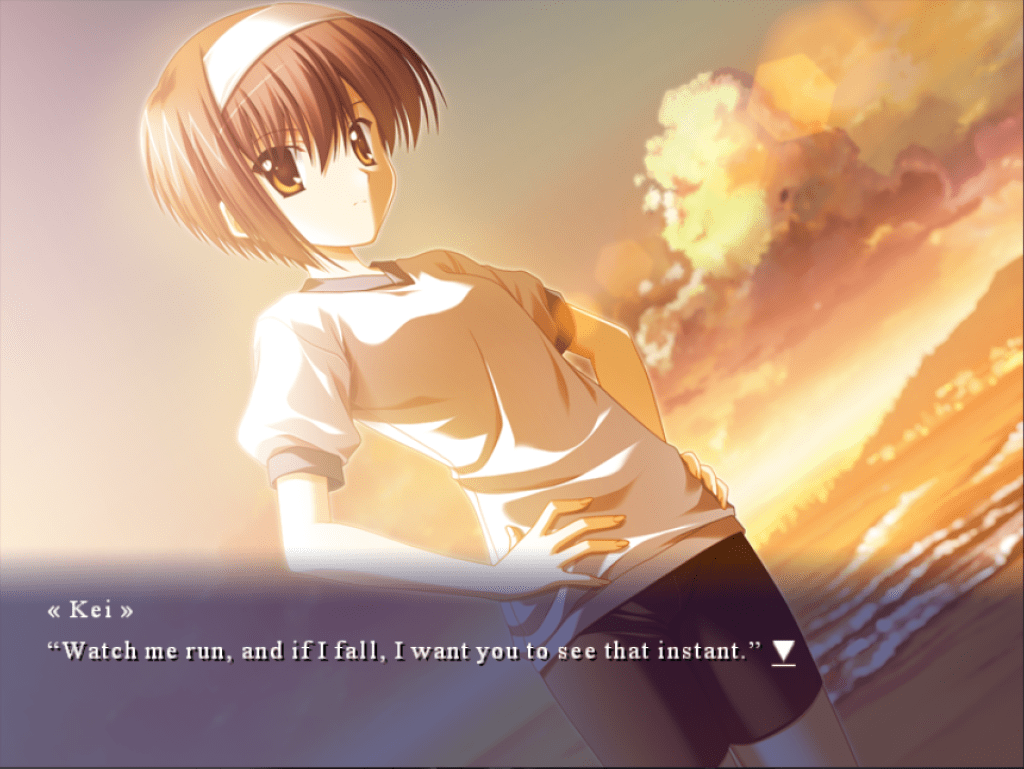 Kei stands straight with her hands on her hips with a beach at sunset in the background. It's a dutch angle so she appears to be standing diagonally. She says, "Watch me run, and if I fall, I want you to see that instant."