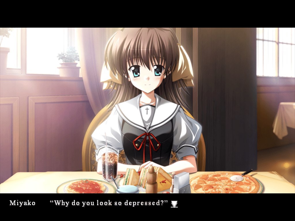 Miyako is seated at a cafe with plenty of food in front of her. She has a gentle smile while she asks," Why do you look so depressed?"