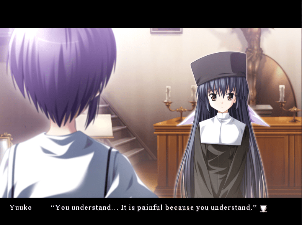We see the back of Kei's head as she stands in front of Yuuko, who has a concerned expression. Yuuko is standing in front of the altar with a Jesus statue in the background. Yuuko says, "You understand... It is painful because you understand.