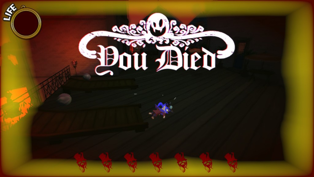 The text in the top center of the screen reads You Died with fantastical lettering. An emblem signifying Snatcher smiles above it. The screen is surrounded on all sides by a red and yellow gradient indicating the heat. At the bottom are 7 skull icons with hats on them, which shows how many times I've died to the level at this point. Hat kid lies on a wooden floor in the center.