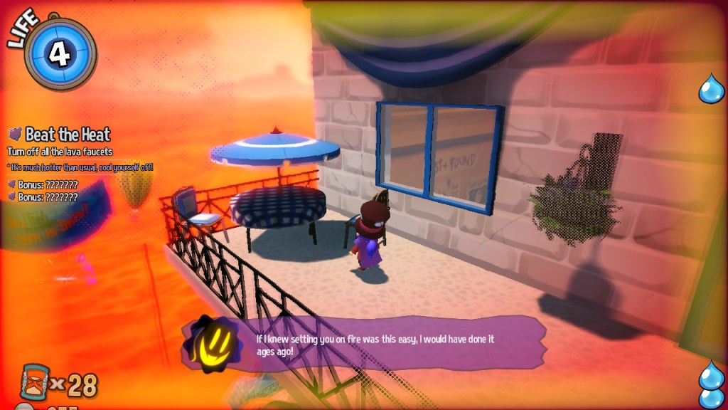 Snatcher says, "If I knew setting you on fire was this easy, I would have done it ages ago!" There's the yellow border surrounding the screen indicating that Hat Kid's starting to overheat. Also note in the top left of the screen it says Beat the Heat, then below it reads: Turn of all the lava faucets *It's much hotter than usual, cool yourself off! Then below that it reads, Bonus: ????????? and Bonus: ?????????
