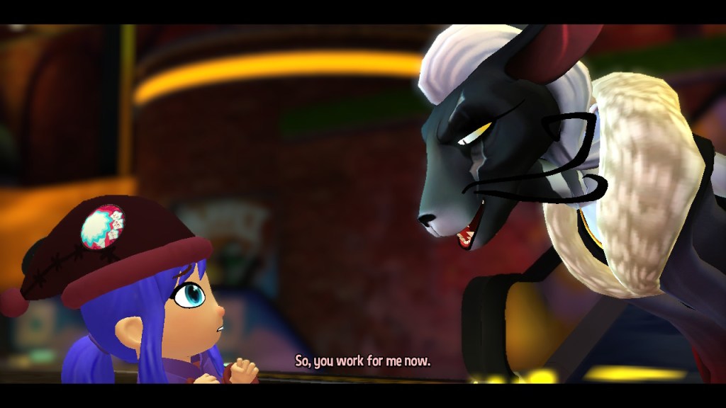 The Empress is a tall and thin anthropomorphic black cat with a prominent lightning shape scar by her eye. She has slicked back white hair and a fur coat. She leans down to look hat kid in the eyes and says, "So, you work for me now."