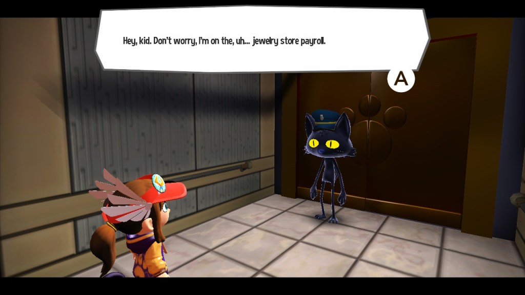 Hat Kid is alone in an elevator with a black cat wearing a police hat. The officer says, "Hey, kid. Don't worry, I'm on the, uh... jewelry store payroll."