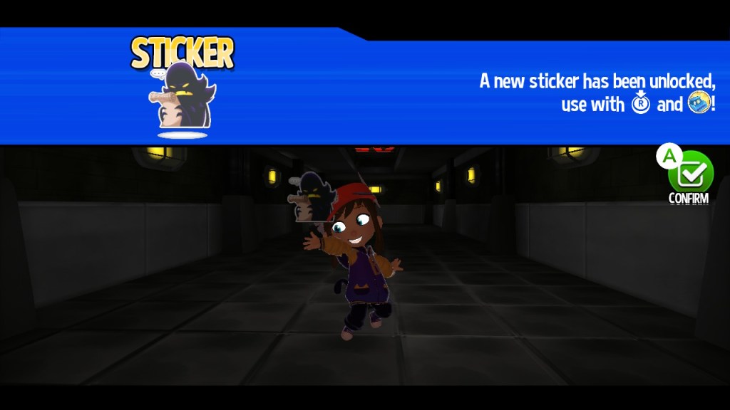 Hat Kid happily presents the Snatcher sticker she collected, which features him looking over a contract with a disgruntled expression. 